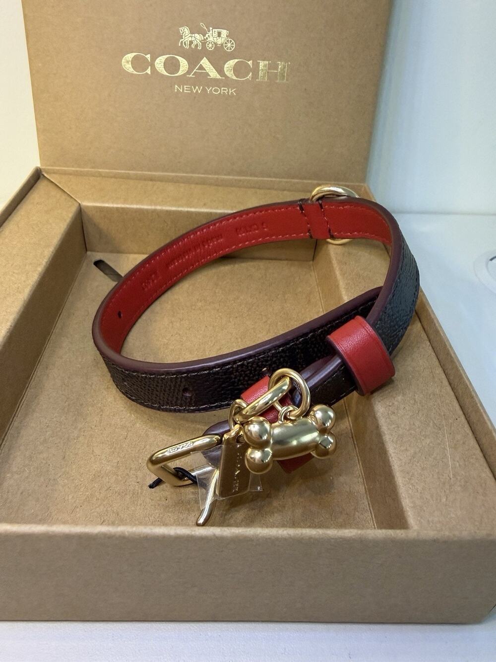 NEW COACH Brown & Apple Red Signature Dog Collar Small 9.8 - 13.8” NWT